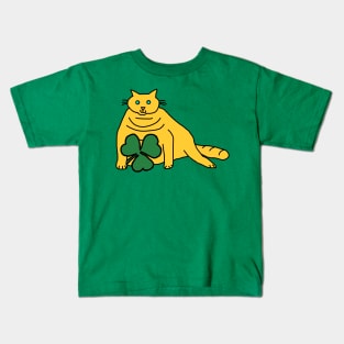 Saint Patricks Day Yellow Chonk Cat with Shamrock Kids T-Shirt